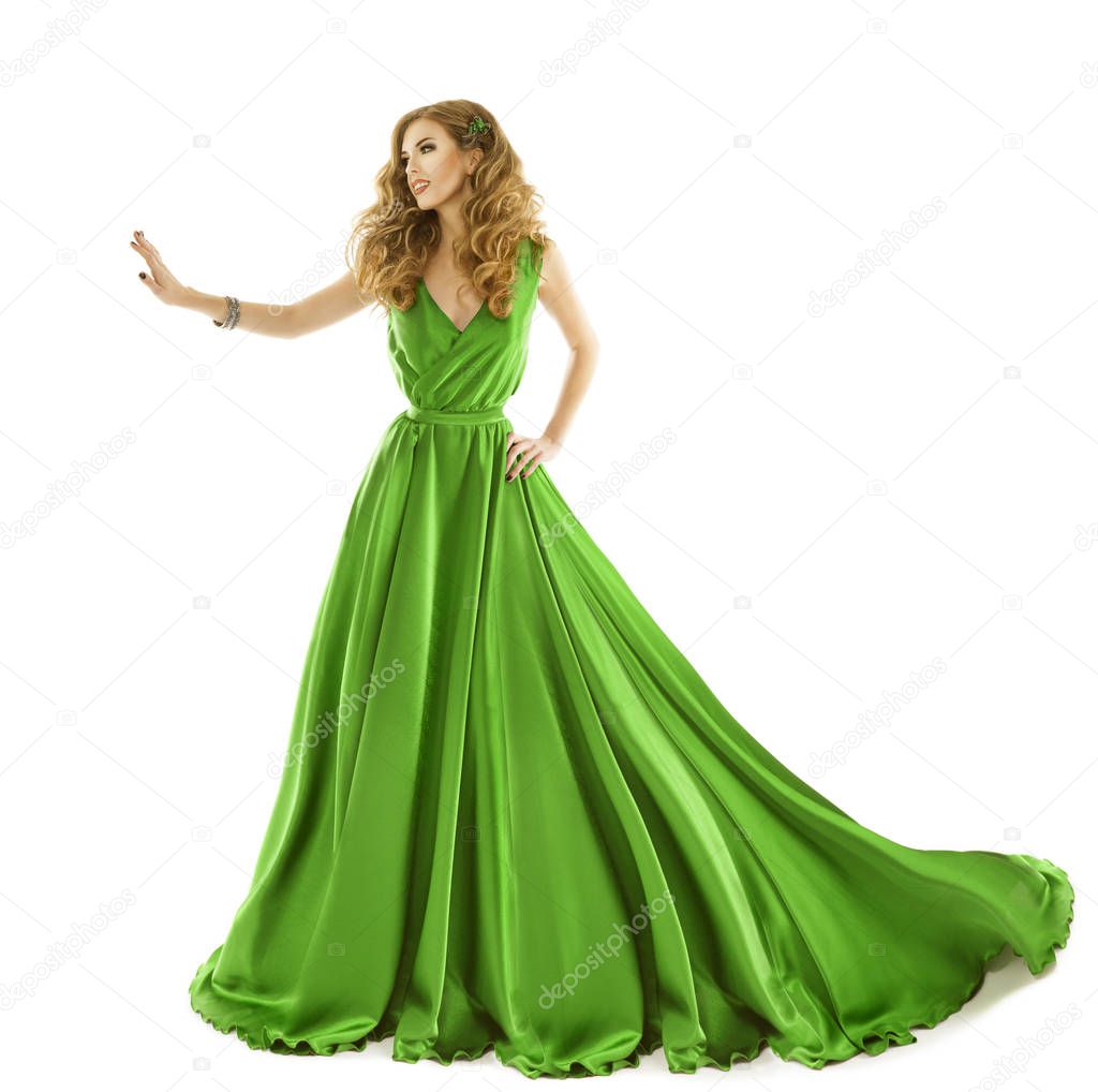Woman Green Dress, Fashion Model in Long Silk Gown Touch by Hand