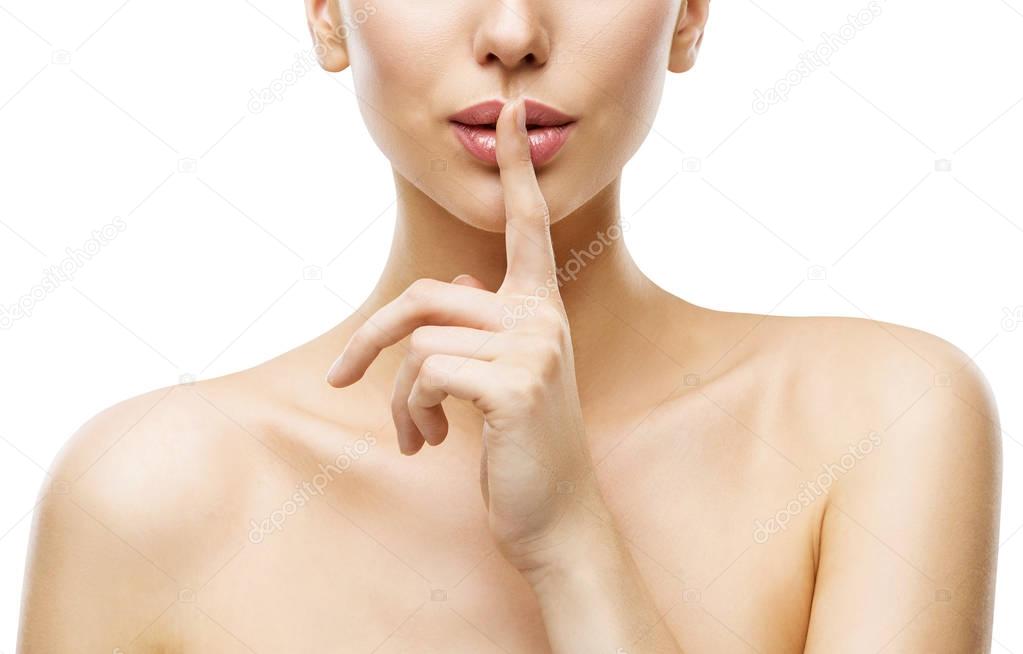 Woman Finger on Mouth, Quiet Lips Silence Sign, Face Beauty Skin Care Secret