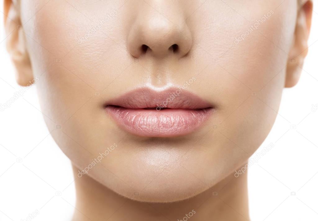 Lips, Woman Face Mouth Beauty, Beautiful Skin and Full Lip Closeup