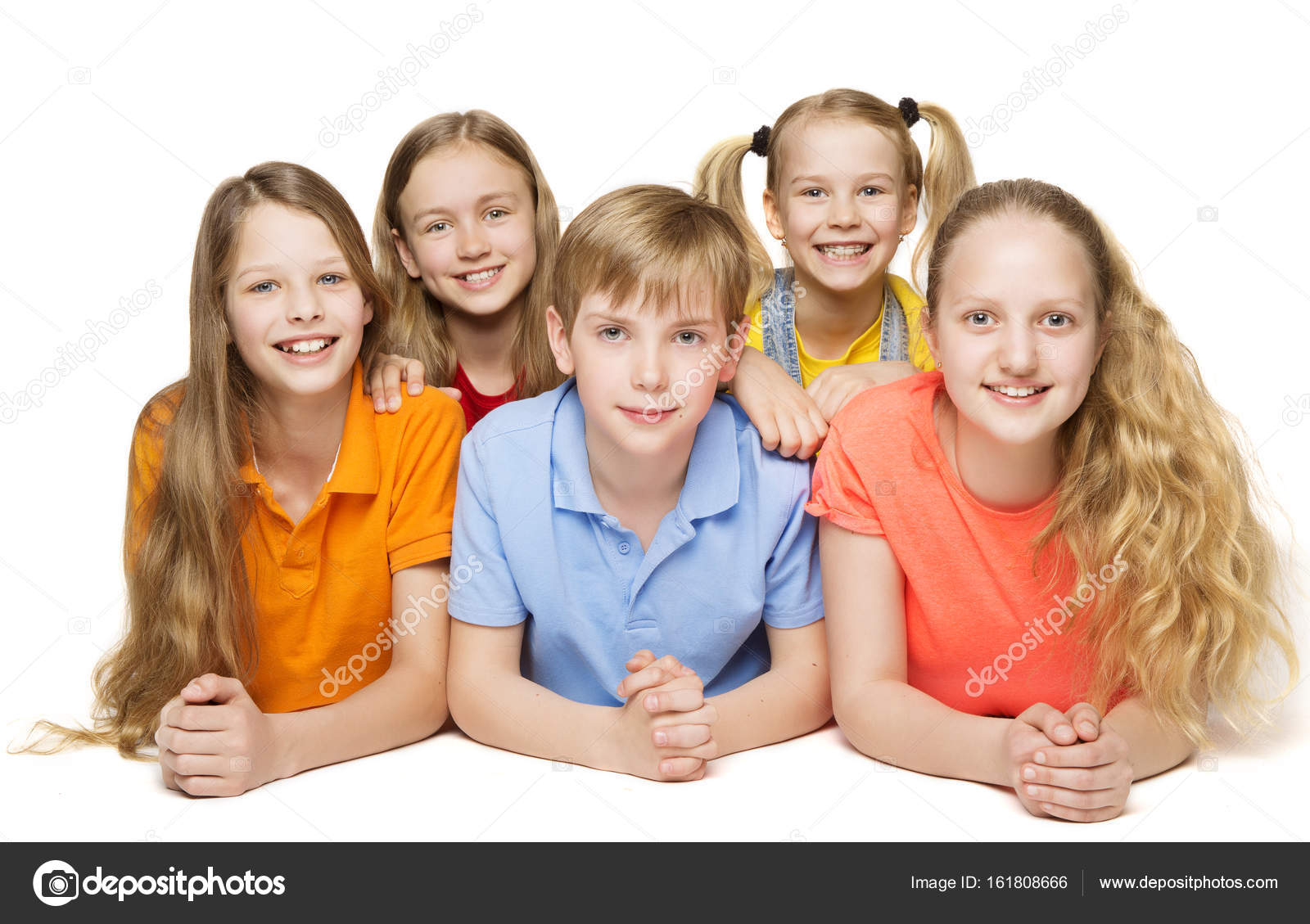 children group five kids girls and boy lying over white stock