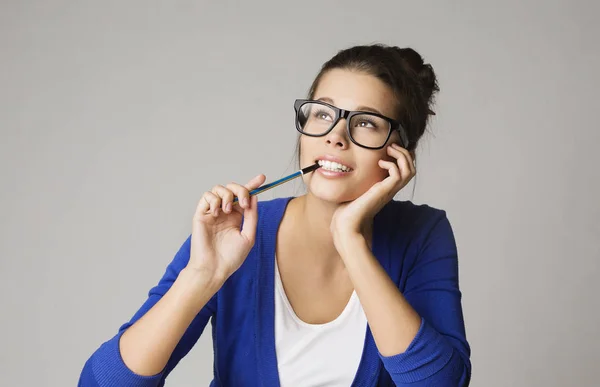 Thinking Business Woman Looking Up, Pensive Young Girl in Glasses Dream — Stock Photo, Image