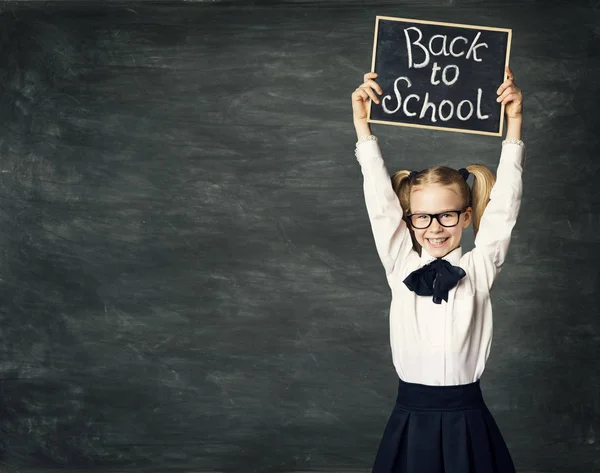 School Child Girl hold Blackboard, Back to School, Happy Kid in Classroom