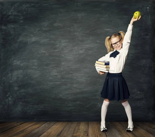 School Child over Blackboard, Happy Girl Kid, Success Hand Up — Stock Photo, Image