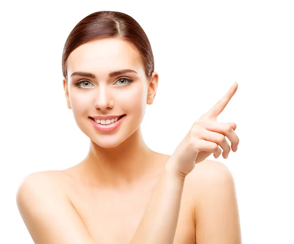 Happy Woman Pointing by Finger, Smiling Girl Beauty Face Makeup, Beautiful Model — Stock Photo, Image