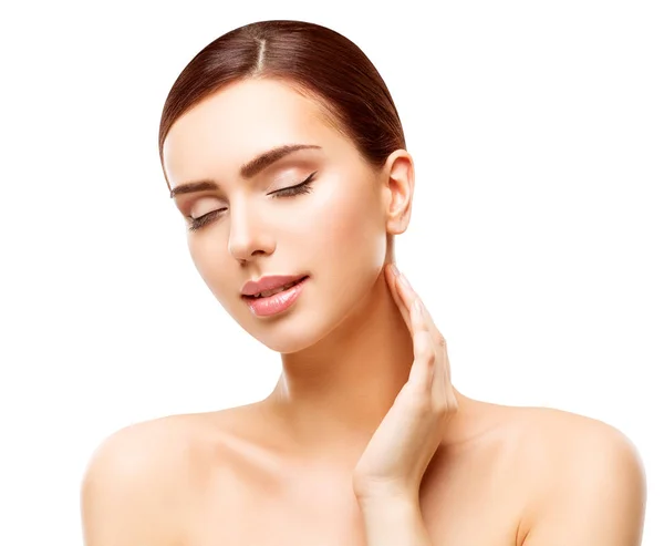 Vrouw schoonheid-gezicht huidverzorging, natuurlijke Skincare make-up, mooi Model lichaam nek aan te raken — Stockfoto