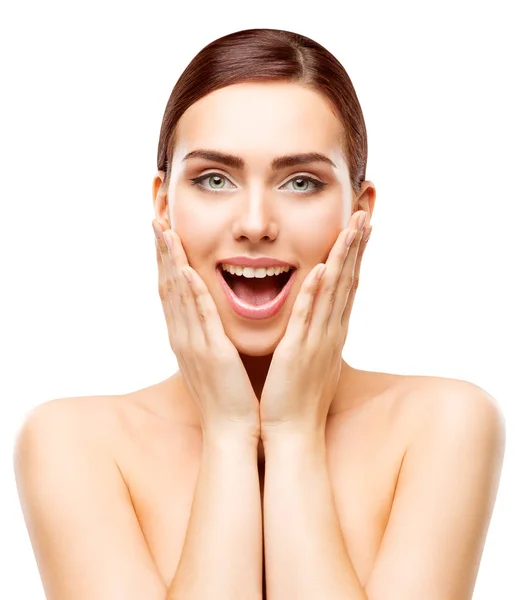 Astonished Beauty Model, Happy Woman Makeup, Amazed Girl Face expression, Open Mouth Hands on Face — Stock Photo, Image