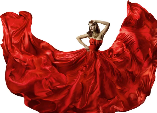 Tanzende Frau im roten Kleid, Modeltanz im seidenen Ballkleid, wedelnder Stoff — Stockfoto