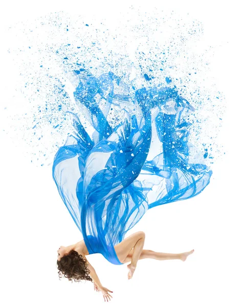 Woman Levitate In Art Dress, Fashion Model Levitation, Blue Flying Artistic Fabric — Stock Photo, Image