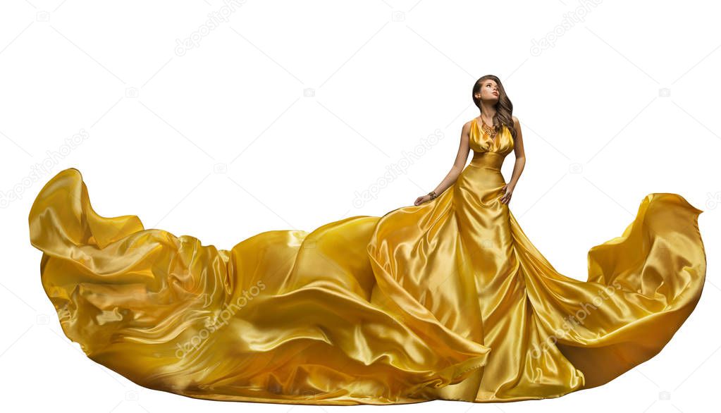 Fashion Model Dress, Woman Dance in Long Gown, Waving Golden Silk Fabric, Beautiful Girl