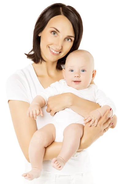 Madre y bebé, Niño feliz con mamá aislada sobre blanco, cuidado infantil familiar —  Fotos de Stock