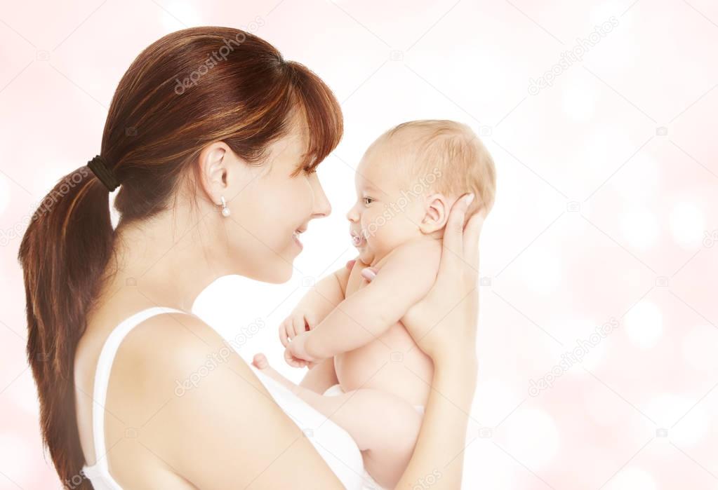 Mother and Newborn Baby, Mom Looking to New Born Child Face to Face