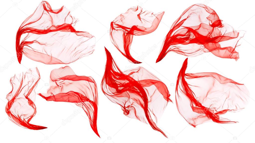 Fabric Cloth Flowing on Wind, Flying Blowing Red Silk, White Isolated 