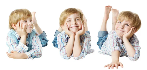 행복 한 아이, 작은 아이 보 거짓말 다운 속에 손을 턱, 절연 화이트에 — 스톡 사진