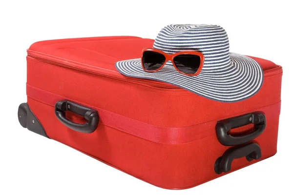 Suitcase and Summer Hat, Travel Luggage whit  isolated — Stock Photo, Image