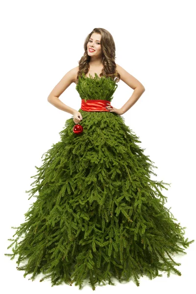 女性のクリスマス ツリー ドレス、分離されたクリスマス ガウンのファッションモデル — ストック写真