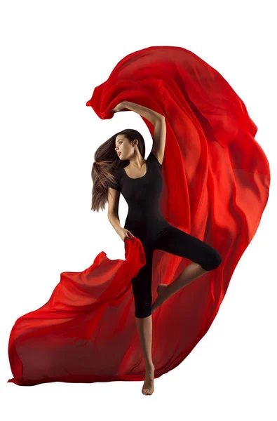 Mujer Tela de Danza, Bailarina de Ballet Deportiva Moderna con Paño Rojo, Bailando Chica — Foto de Stock