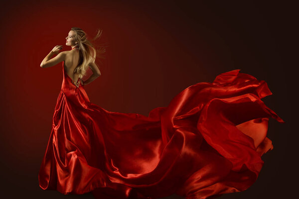 Fashion Model Dance in Red Dress, Dancing Beautiful Woman, Flying Fluttering Fabric, Happy Girl Rear Back View