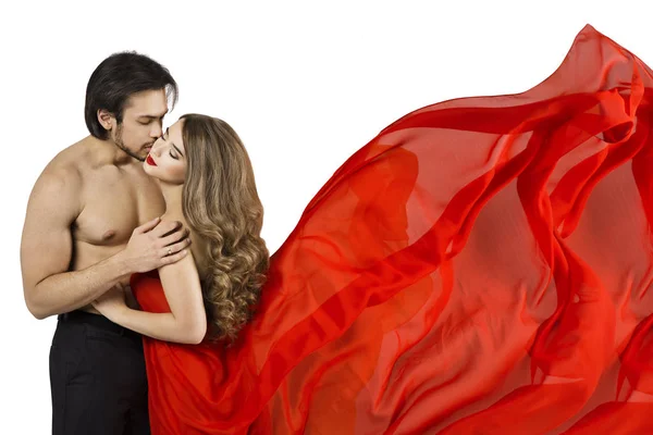 Çift Seksi Adam Öpüşme Güzel Kadın Kırmızı Beyaz Arka Plan — Stok fotoğraf