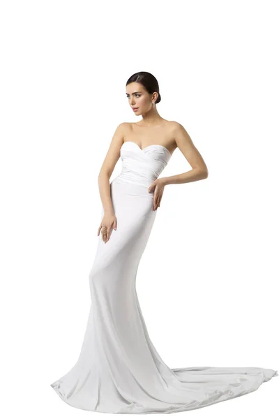 Vestido de noiva modelo de moda, vestido de beleza da mulher, roupas brancas longas — Fotografia de Stock