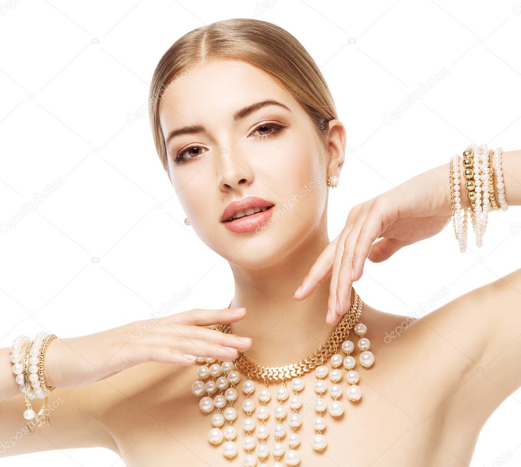 Woman Beauty Portrait, Fashion Model Jewelry necklace bracelet, Elegant Lady Makeup