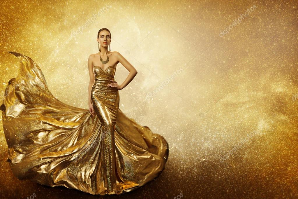 Golden Fashion Model, Elegant Woman in Gold Dress, Waving Sparkling