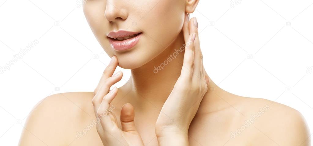 Lips and Face Skin Care, Woman Beauty Makeup and Treatment, Model Touching Lip and Neck by Hand