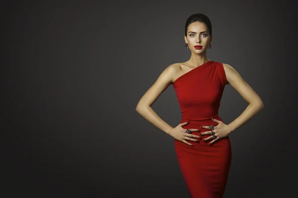 Mode-Modell rotes Kleid, elegante Frau in sexy Abendkleid, schöne Mädchen Studioaufnahme — Stockfoto