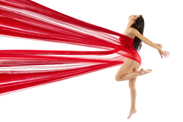 Woman Dance Red Fabric, Sexy Model Dancing Modern Sport Gymnastics, Body Beauty Concept — Stock Photo, Image