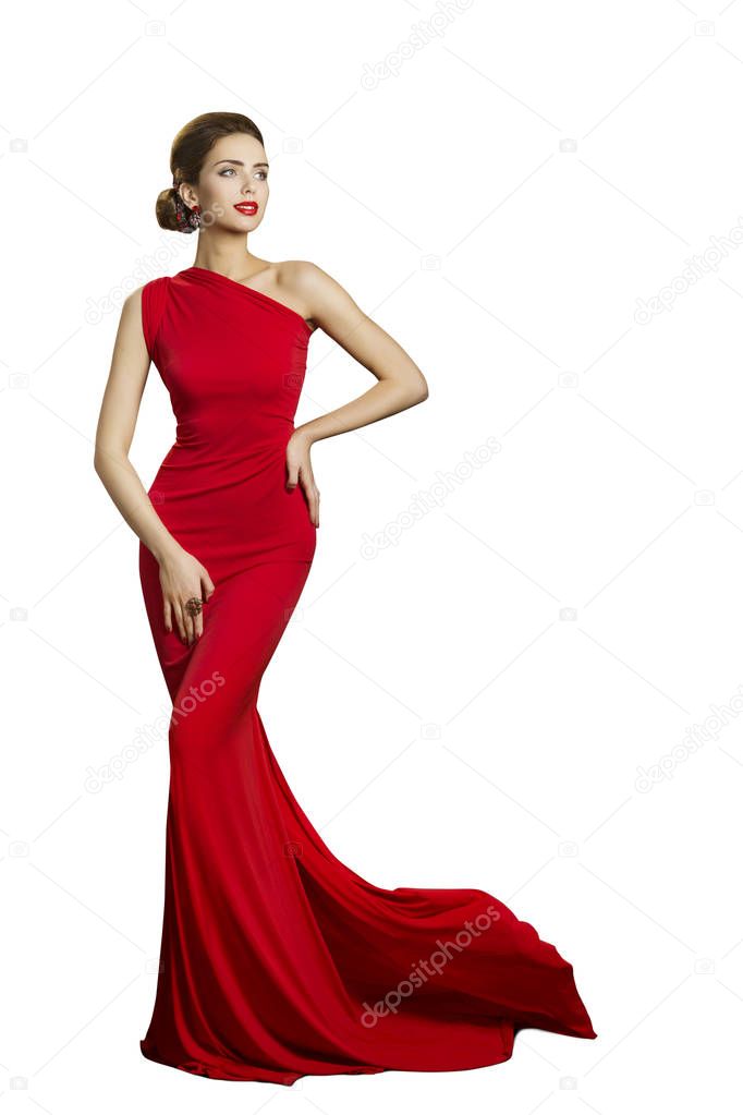 Lady Evening Dress, Elegant Woman in Long Gown with Tail, Fashion Model White Isolated