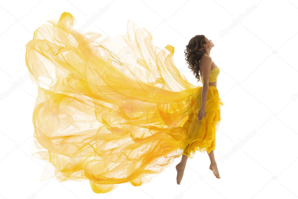 Flying Woman Levitation Jump, Fashion Model in Fly Yellow Fluttering Dress