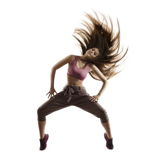Fitness Woman Sport taniec, Dziewczyna z latające włosy taniec Breakdance, Freestyle tancerz — Zdjęcie stockowe