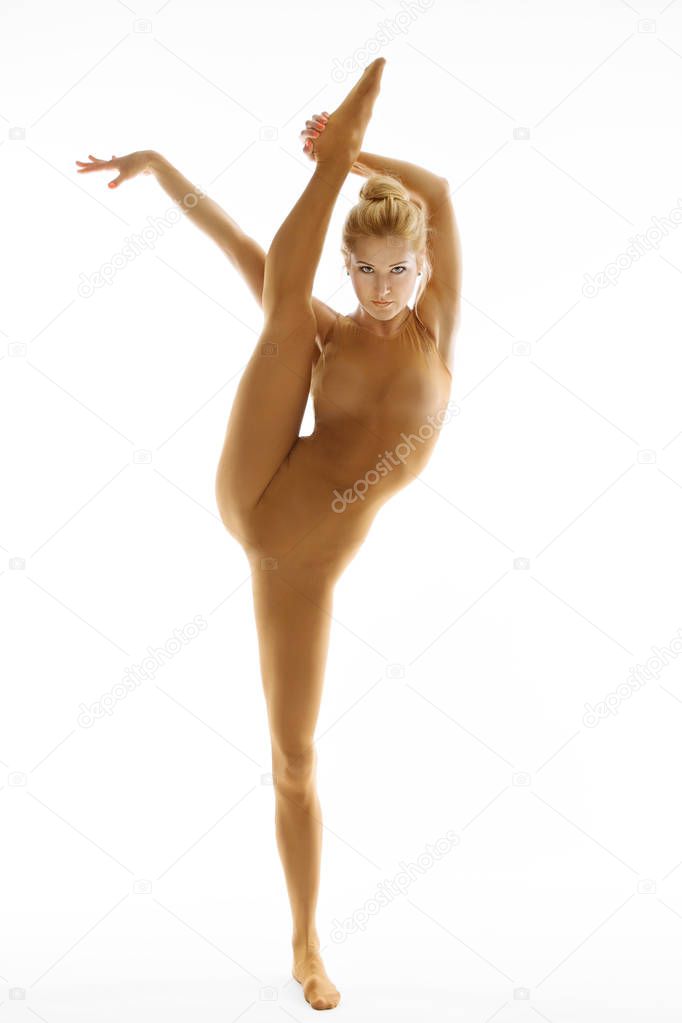 Gymnast Stretch Exercise, Woman Making Gymnastics String Workout, Girl in Leotard