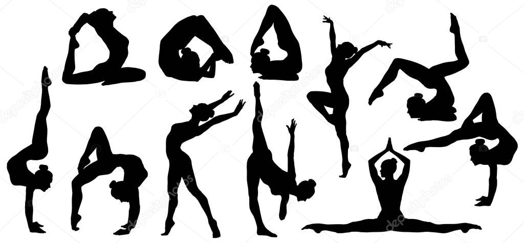 Gymnastics Poses Silhouette, Set of Flexible Gymnast Exercise, Acrobat Back Bend and Hand Stand Pose