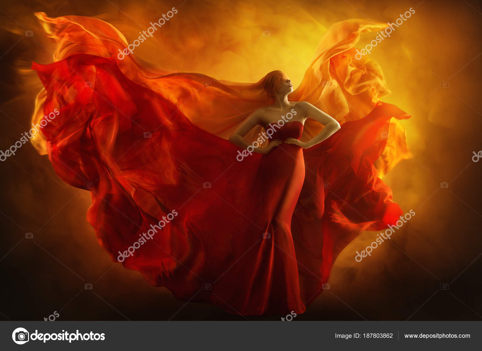 Fashion Model Art Fantasy Fire Dress, Blindfolded Woman Dreams in Red  Flying Gown, Girl Beauty Portrait, Fabric Fluttering like Flame Wings Stock  Photo by ©inarik 187803862