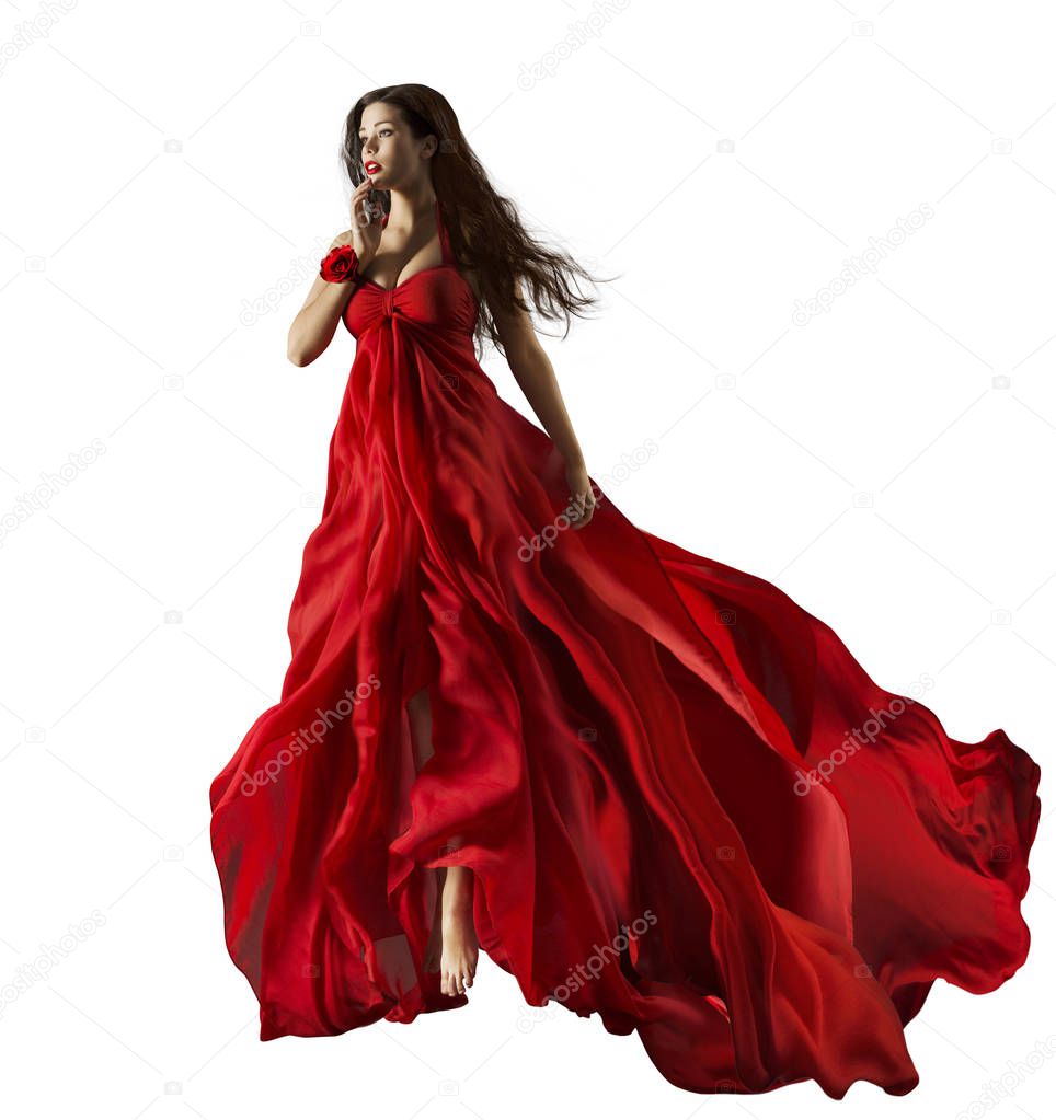 Fashion Model in Red Dress, Beautiful Woman Portrait, Waving Gown Fabric Fly through Air