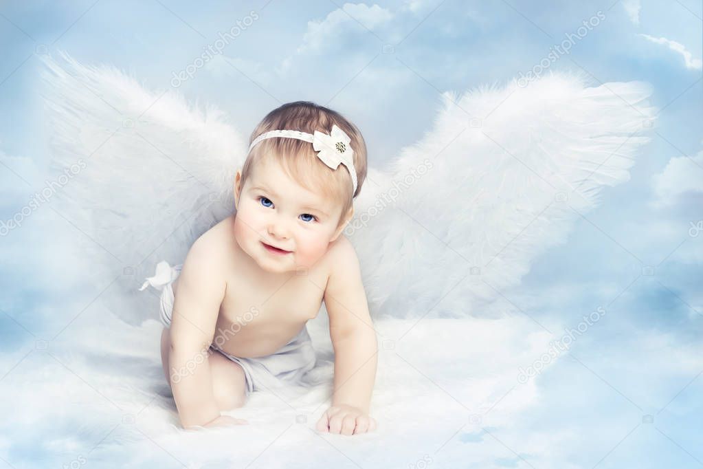 Angel Baby with Wings Crawling on Sky, Kid Girl Cupid, Child Art Portrait