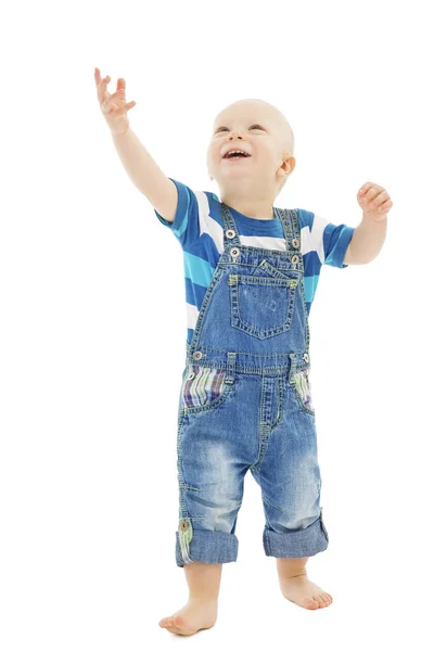 아기 손을 올려 행복 한 유아 아이 보 및 팔을 인상, 절연 화이트 아이 — 스톡 사진