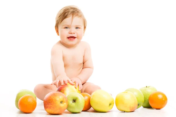 Fruit pour bébé, Joyeux enfant fille aux pommes, Enfant blanc isolé — Photo
