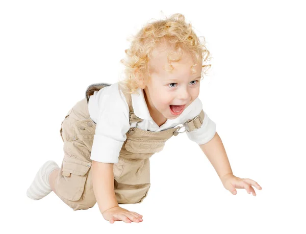 Gezinme çocuk, bir yıl eski çocuk tarama dört ayak üzerinde bebek beyaz izole — Stok fotoğraf