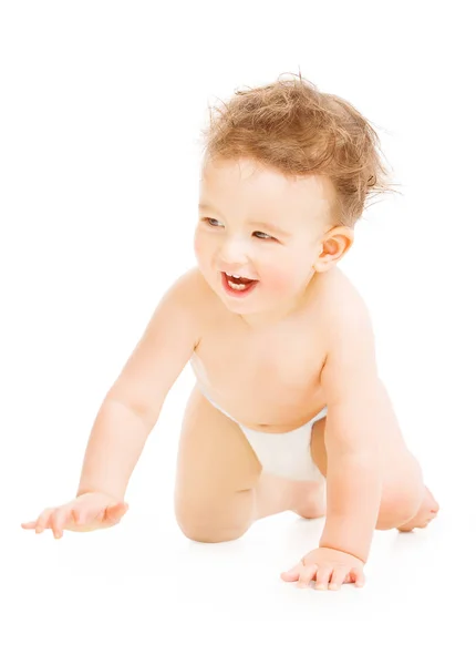 Gatear bebé, niño feliz en pañal gatear aislado sobre blanco — Foto de Stock