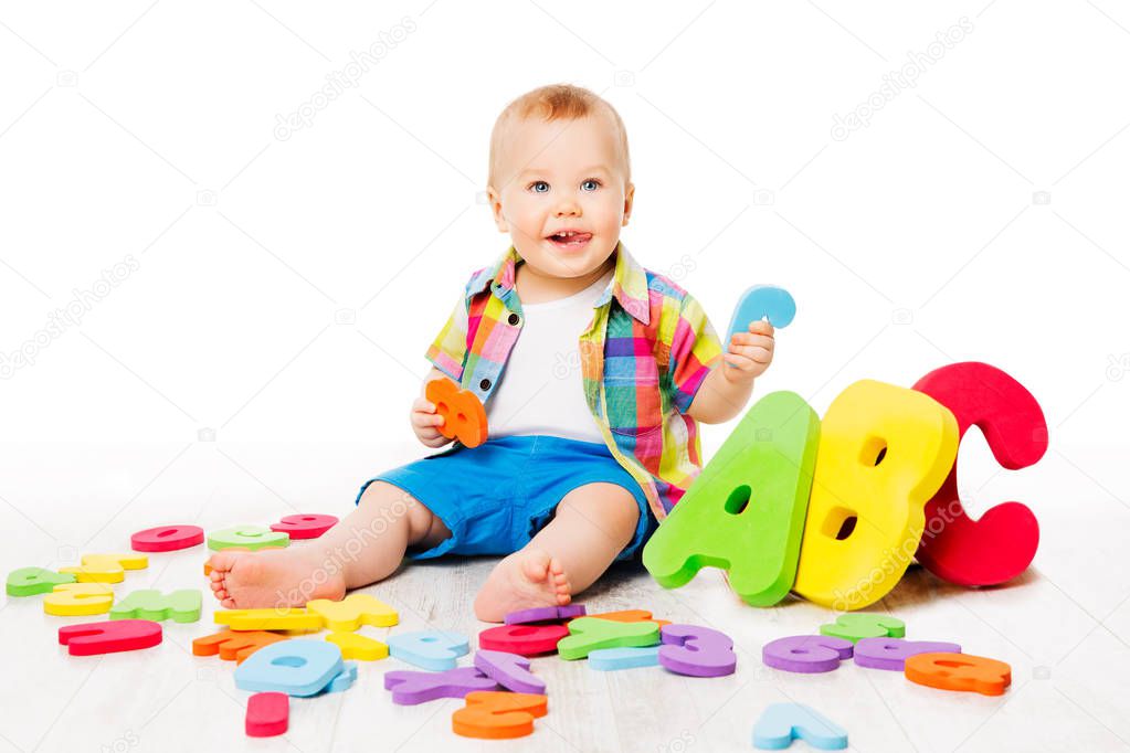 Baby Alphabet Toys, Child Playing Colorful ABC Letters, Kid on White
