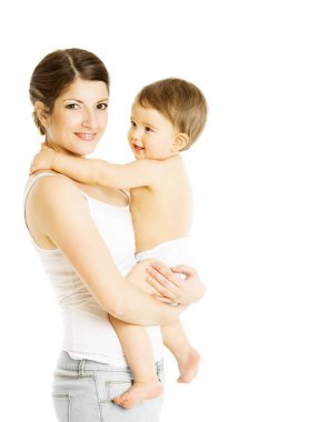 Bebek eller, anne ve çocuk bezi, beyaz üzerine mutlu aile içinde tutan anne