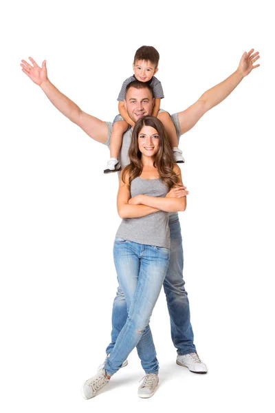 Family Isolated over White background, Father open arms, Child sitting on shoulders, Full Length Portrait — Stock Photo, Image