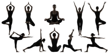 Yoga siluetleri, kadın vücut dengesi Asana pozisyonu, insanlar egzersiz teşkil etmektedir.