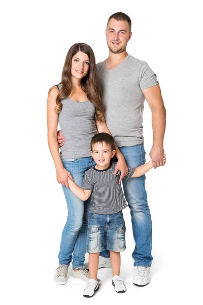 Portret rodziny pełnej długości, ojciec matki i dziecka, rodzice z dzieckiem, biały na białym tle — Zdjęcie stockowe