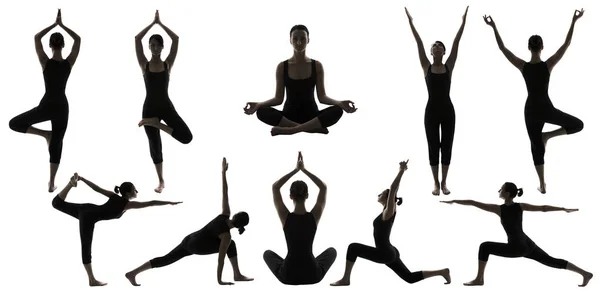 Yoga vormt silhouetten, vrouw evenwicht Asana lichaamshouding, mensen oefening — Stockfoto