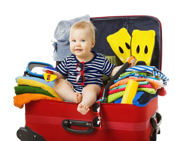 Valise de voyage bébé, Enfant assis dans un bagage de voyage, Enfant dans un bagage — Photo