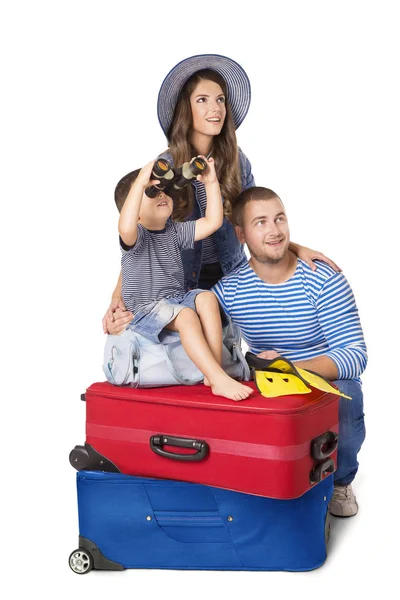 Βαλίτσα οικογενειακά ταξίδια, πατέρας μητέρα και το παιδί στις αποσκευές, άνθρωποι λευκό απομονωμένες — Φωτογραφία Αρχείου