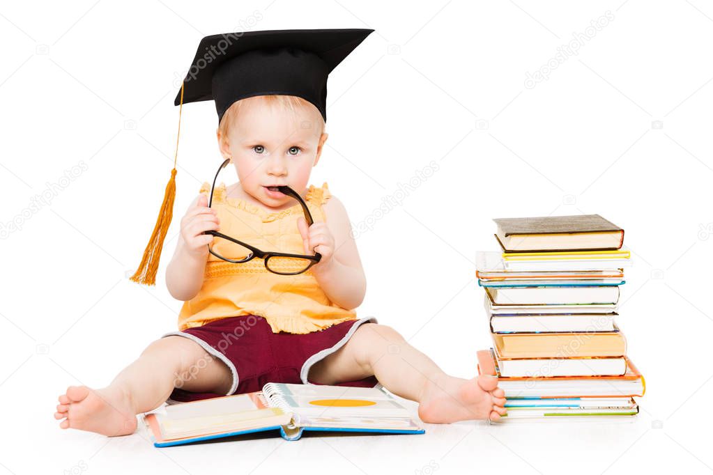 Baby Read Book in Graduation Hat and Glasses, Smart Child White Isolated, Kid Education Concept