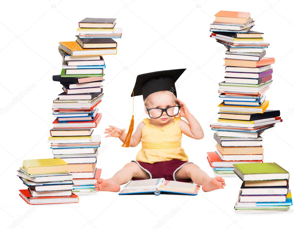 Baby Read Book in Graduation Hat and Glasses, Smart Child Sitting near Books Pile Stacks, Education White Isolated